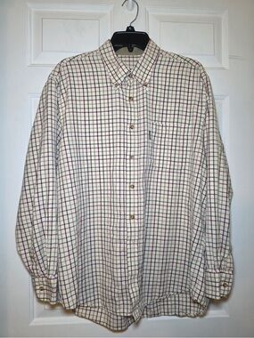 Barbour Men’s LARGE Plaid Long Sleeve Button-Down Button-Up Shirt Ivory Burgundy